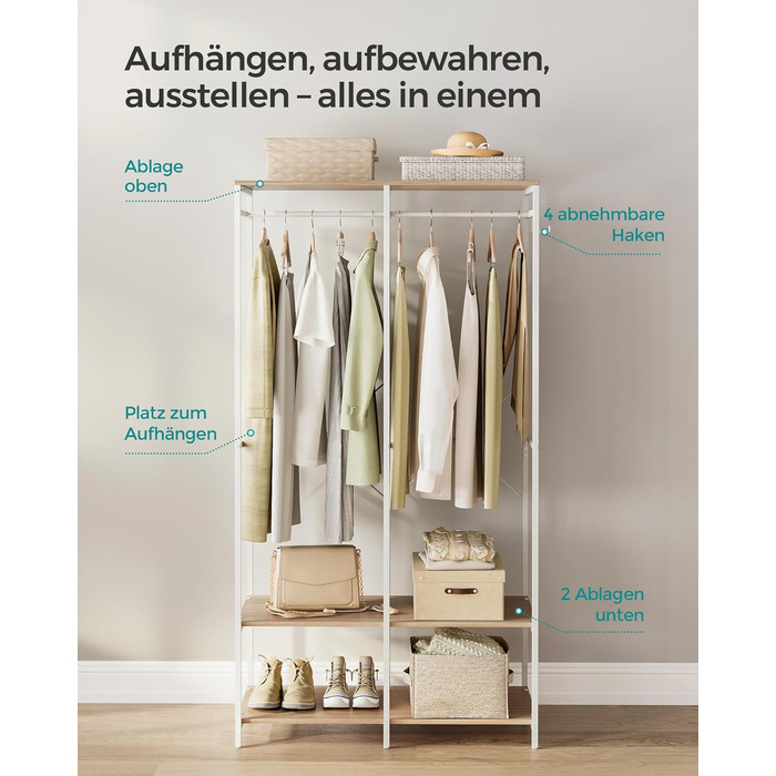 Відкрита шафа, вішалка для одягу, вішалка для пальто, шафа з рейкою для одягу, полиці, знімні гачки, 40 x 94,5 x 180 см, натуральний бежевий RGR004W67 Натуральний бежевий 40 x 94,5 x 180 см