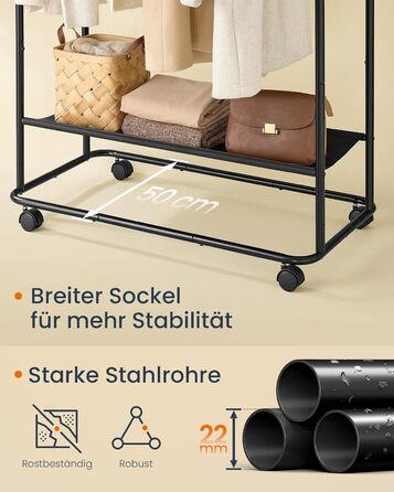 Вішалка для одягу на колесах, Підставка для гардеробу, 2 рейлінги для одягу, Полиця, Бічний органайзер, Гачки у формі сірників, Міцна, Спальня, Коридор, Чорний колір HSR171B01 50Г x 189.6В см