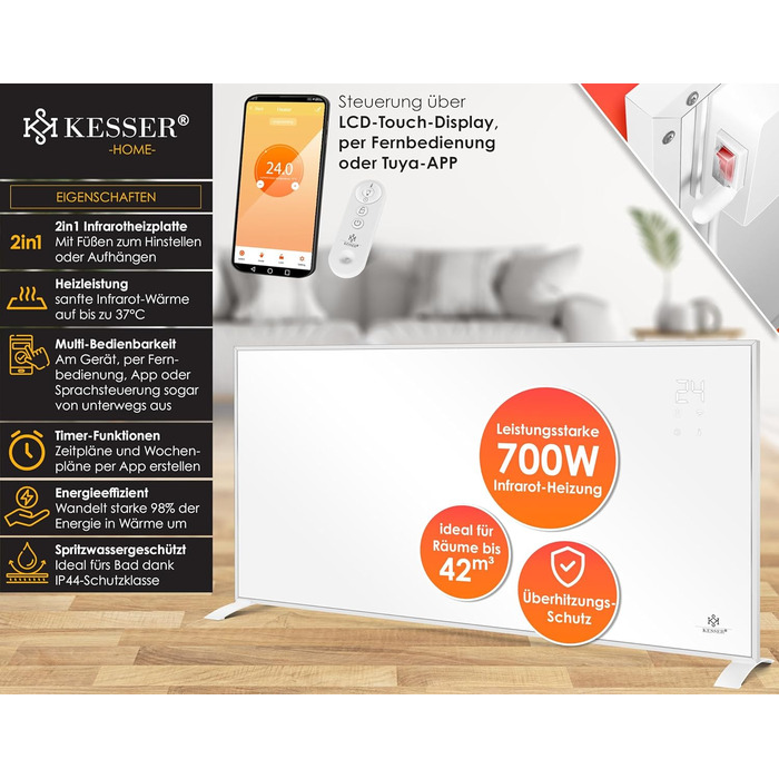 Інфрачервоний обігрівач KESSER, енергозберігаючий інфрачервоний окремостоячий та настінний електричний обігрівач, 700 Вт з пультом дистанційного керування, термостатом та керуванням за допомогою застосунку, електрична нагрівальна панель, конвекторний обіг