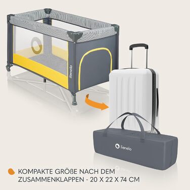Дитяче ліжечко Lionelo Stefi, Дорожнє ліжечко від народження до 15 кг, Бічний вхід, Система безпеки LockGuard, Блокування коліс, Сумка для перенесення, Складане, Жовте