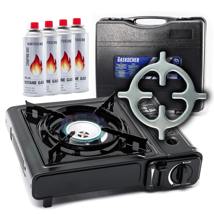 Туристична плита TruWare для газових балонів - Потужна, портативна та надійна газова плита з картриджами та хрестовиною для плити - Ідеально підходить для приготування їжі на свіжому повітрі та щоденного використання. Газова плита 4 картриджі