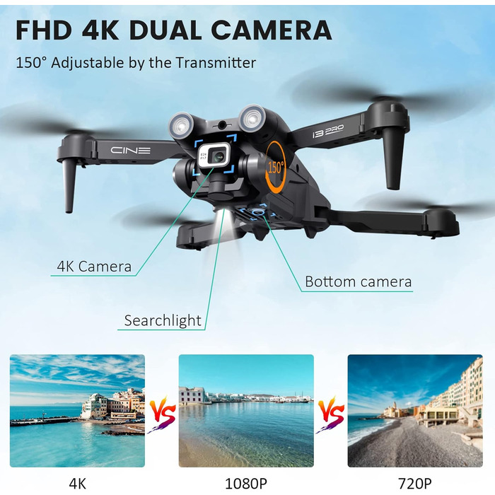 Дрон OKYUK i3 PRO з камерою 4k, час польоту 50 хв, вага до 139 г, трансмісія FPV 200 метрів, безщітковий двигун. Follow-Me/Return/