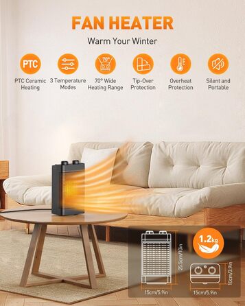 Енергозберігаючий вентилятор-обігрівач, 1500 Вт, 3 режими нагріву, керамічний електричний нагрівальний елемент, коливання 70, захист від перегріву та перекидання, тихий кімнатний обігрівач для використання в офісі, вітальні, спальні