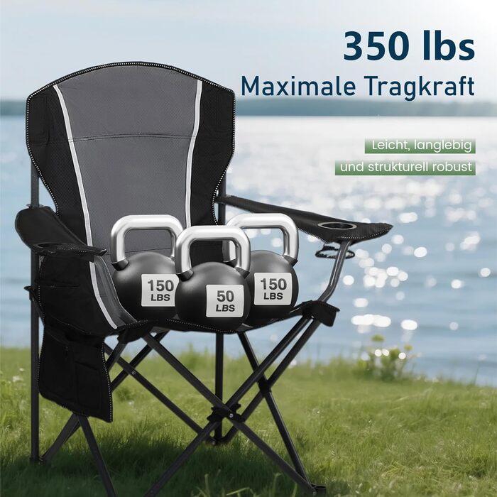 Складане кемпінгове крісло HIGH POINT SPORTS, Рибальське крісло, Розкладне, Вантажопідйомність 160 кг, Розкладне крісло з підлокітниками, Підставка для напоїв, Сталева рама, Портативне кемпінгове крісло, Чорне/Сіре