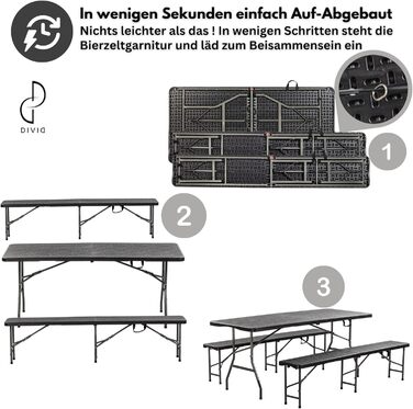 Набір для пивного саду DIVID, 3 предмети Стіл 2 лавки Для використання в приміщенні та на вулиці Складаний з ручками для перенесення ВxШxГ 73x180x75 см Садовий стіл (DIV-200/WOOD Set)