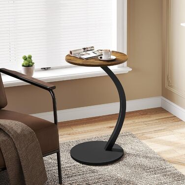 Журнальний столик WOLTU C-подібної форми, круглий журнальний столик, столик для дивана, маленький столик для дивана, ліжка, з металевим каркасом та стільницею з МДФ, індустріальний стиль, 40 x В 65 см, вінтажний вигляд дерева, BTS21hov