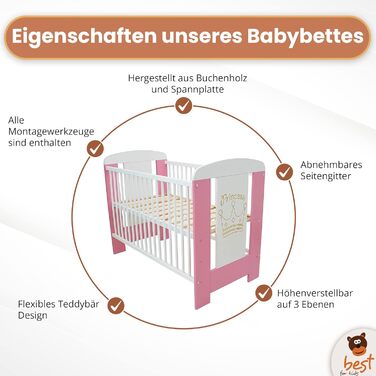 Комплект дитячого ліжечка Best For Kids у 3 кольорах Ліжечко, дитяче ліжечко з матрацом з пінопласту 10 см, сертифіковане TV - Ліж