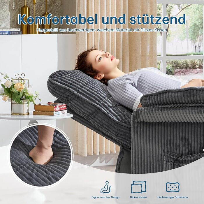 Моторне електричне крісло-реклайнер, крісло для телевізора з функцією відкидання, крісло для телевізора у вітальні з колесами, регульована спинка та підставка для ніг, 2 бічні кишені, вельветовий диван, темно-сірий, 2-