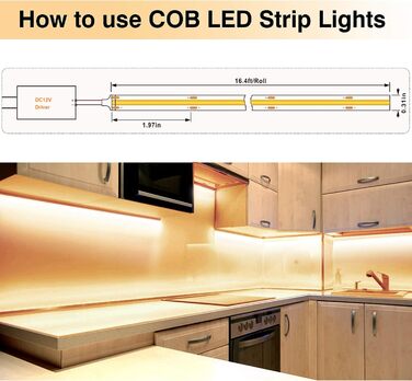 Світлодіодна стрічка COB 5м, 480 LED/м, тепле біле світло, висока щільність, 12V, 8мм, 9W/м, CRI 92, самоклеюча стрічка для непрямого освітлення спальні або кухні (без блоку живлення), 2700K, ширина 8мм