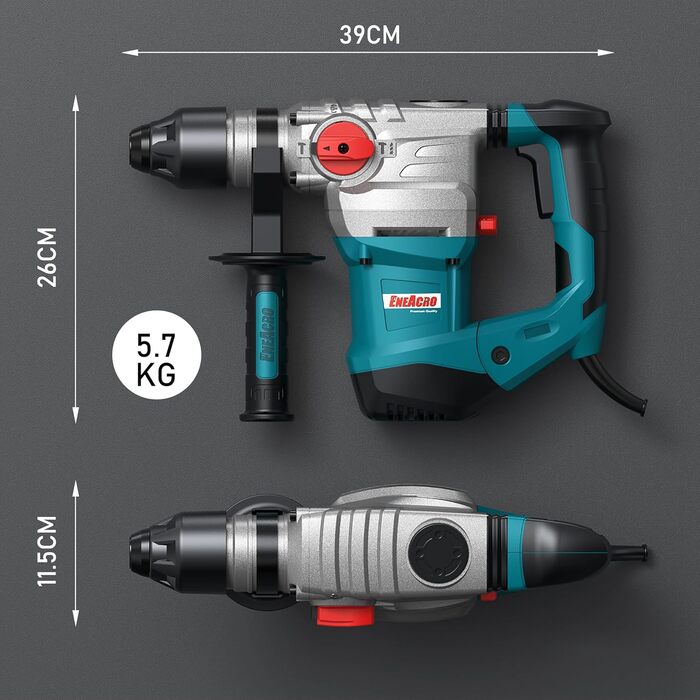 Перфоратор ENEACRO SDS-Plus, відбійний молоток 7 Дж 1500 Вт з 4 функціями, антивібраційною ручкою та запобіжною муфтою, 32 мм свердління в бетоні, зі свердлом та зубилом, набір інструментів 230 В