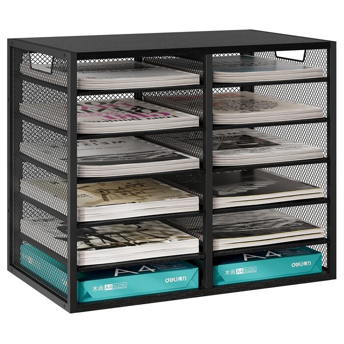 Органайзер для офісного столу EasyPAG з 12 кишеньками, металевий та дерев&39яний, формату А4, тримач для документів, лоток для файлів, тримач для журналів, лоток для листів, органайзер для паперових журналів, чорний, 12 кишень (6x2)