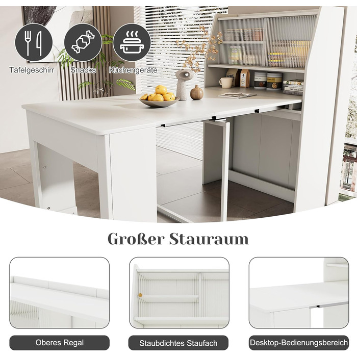 Розсувний обідній стіл, маленький, розсувний в одному напрямку, біла шафа для зберігання в їдальні, багатофункціональний обідній стіл, що економить місце, 52/132,5x80x76 см