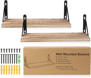 Настінна дерев&39яна полиця Uten Rustic, плаваюча полиця 42 см, комплект з 2 предметів з металевим дротом для вітальні, спальні, кухонної полиці, кольору дерева, вінтажний світло-коричневий B - колір дерева