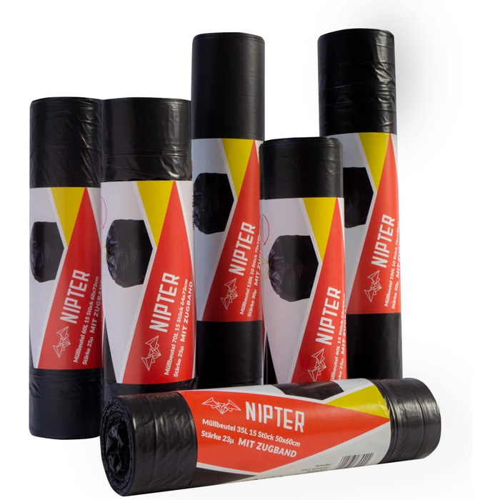 Екологічні пакети для сміття зі шнурком, 35 л, преміум-пакет для сміття, стійкий до розривів, герметичний, 23 мкм, 50x60 см, чорний, 15 пакетів для сміття в рулоні, 6 рулонів