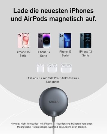Магнітний бездротовий зарядний пристрій Anker MagGo, сумісний з MagSafe, швидка зарядка 15 Вт, сертифікований Qi2, для iPhone 16/1