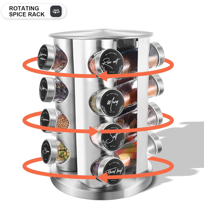 Кругла підставка для спецій Miorkly з 16 круглими банками для спецій, карусель для спецій з нержавіючої сталі, що обертається на 360, органайзер для спецій, стійка для спецій, контейнери для спецій зі вставкою-шейкером, банки для спецій, ярлики, лійка, ма