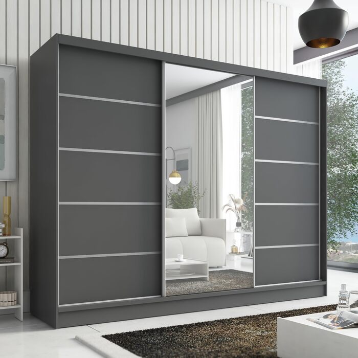 Шафа Aurelia 1 Шафа з розсувними дверима шириною 200 см з дзеркалом, 3-дверна, шафа з шухлядами, шафа з розсувними дверима для спальні або гардеробної, графіт
