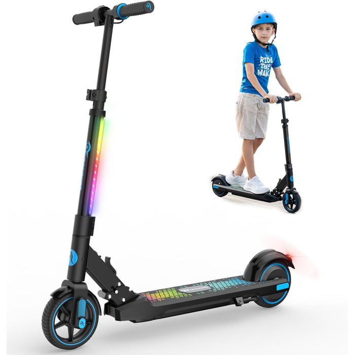 Електричний самокат EVERCROSS EV06C, складаний 6,5-дюймовий електросамокат для дітей 6-12 років, двигун 150 Вт, 3 передачі, акумулятор 2600 мАг, висота 76-96 см, світлодіодний дисплей, різнокольорові вогні, легкий електричний самокат для дітей, синій