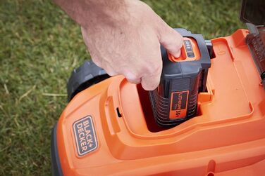 Акумуляторна газонокосарка BlackDecker BCMW3336L1 (36 В, 2,5 Ач, ширина зрізу 33 см, для газонів середнього розміру до 250 м, 5-позиційне регулювання висоти, в комплекті 1 акумулятор, зарядний пристрій, травозбірник на 35 л), помаранчевий/чорний