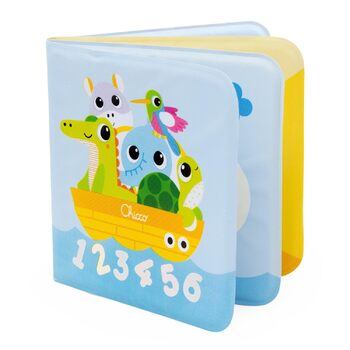 Книжка для купання Chicco з м'якого пластику вивчаємо цифри, кольори та тварин. Легка, зручно відкривається, змінює колір у воді. Для діток від 6 до 36 місяців.