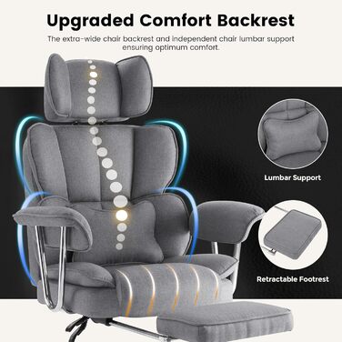 Ергономічне офісне крісло IWMH з підставкою для ніг та поперековою опорою, крісло керівника 200 кг XXL, обертове крісло з підлокітниками та підголівником, тканина з регульованою висотою (сірий колір)