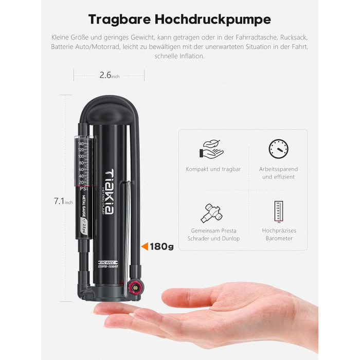 Велосипедний насос Tiakia з манометром, маленький велосипедний насос для всіх типів вентилів, алюмінієвий міні-насос для підлоги, портативний насос для шин для вентилів Schrader та Presta, для шосейних та гірських велосипедів, 220 PSI/15 BAR