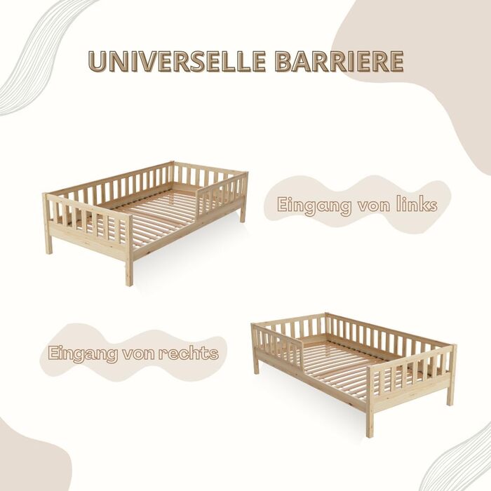 Дитяче ліжко 80x160 см Високе підлогове ліжко Монтессорі з дерева із захистом від падіння Безпечне дитяче ліжко Скандинавський дизайн, легке складання Crazy Basic 160 x 80 см Натуральне дерево Високе