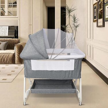 Ліжечко 3-в-1, дорожнє ліжечко для немовлят з матрацом, 6-позиційне регульоване по висоті дитяче ліжечко з верхньою платформою, портативна колиска з колесами для дітей до 36 місяців - 92 x 52 x 106-118 см - Білосніжний сірий