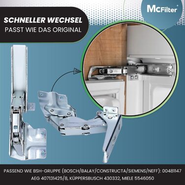 Петлі холодильника McFilter I 2 шт., сумісні з Bosch, Siemens, Miele, AEG, Neff (00481147, 481147, 407131425/8, 5546050, 00481145, 00499570, 00499569) - плоскі петлі для дверцят холодильника