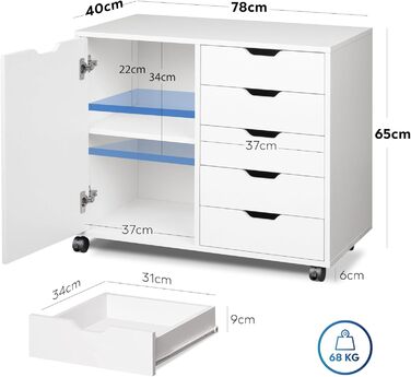 Контейнер на колесах DEVAISE з 5 шухлядами та відділенням для шафи, мобільна шафа для документів на колесах, настільна шафа з місцем для зберігання для офісу та домашнього офісу, білий, 5 шухляд та відділення для шафи, білий