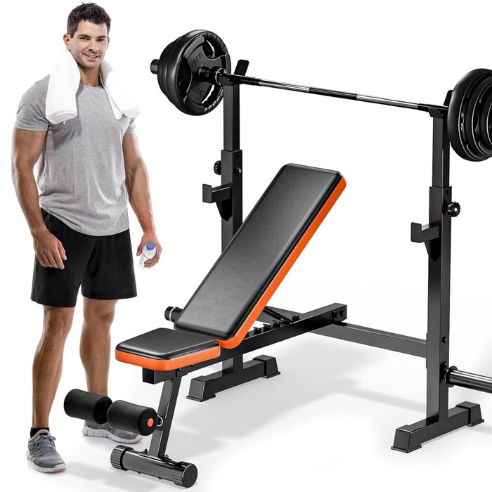 Регульована силова лава XDDIAS для домашнього використання, 6-в-1 горизонтальна/похила лава зі стійкою для присідань, накладкою для згинання рук та розгинанням ніг, лава зі штангою для силових тренувань, вантажопідйомність 350 кг, чорна