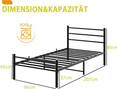 Металеве ліжко з рейковою основою, каркас ліжка, односпальне ліжко, чорний, 90x200 см, металеве ліжко 90 x 200 см, мінімалістичний каркас ліжка з узголів&39ям, гостьове ліжко з рейковою основою для спальні, гостьова кімната, чорний, 90 x 200 см