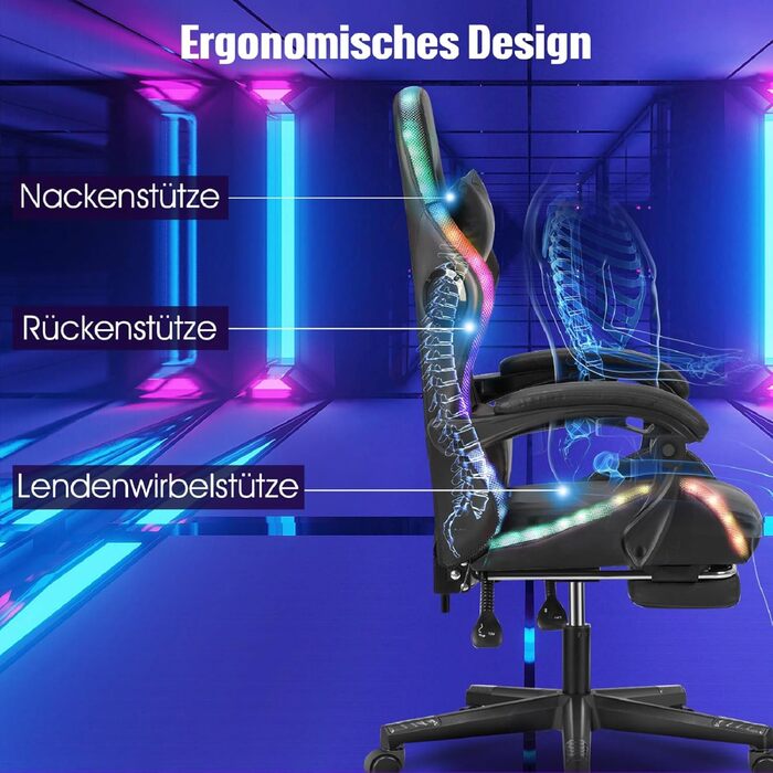 Ергономічне ігрове крісло з динаміками та світлодіодним освітленням, регульоване комп&39ютерне крісло з підставкою для ніг, підголівником та підлокітниками, крісло зі штучної шкіри для офісу та дому, чорне
