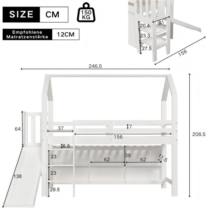 Дитяче двоярусне ліжко 90 x 200 см з гіркою, Багатофункціональне дитяче ліжко зі сходами та полицею для зберігання, Односпальне ліжко Treehouse з місцем для зберігання, Масив дерева МДФ, Білий
