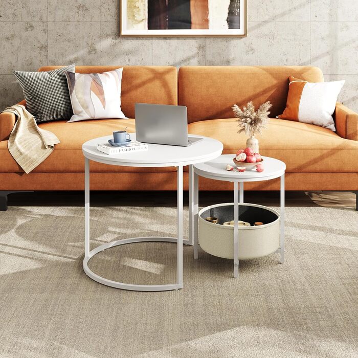 Круглий журнальний столик WLIVE білий, журнальний столик для вітальні з місцем для зберігання, бічний столик з металевим каркасом, журнальний столик для вітальні, спальні, офісу, білий