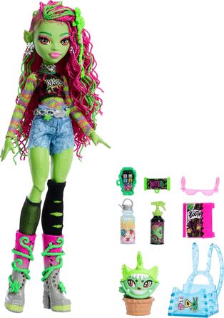 Лялька Monster High Venus McFlytrap з рослинним монстром-кітом Чуліаном та аксесуарами, такими як рюкзак, блокнот, снеки тощо, HRP81 Lime Green