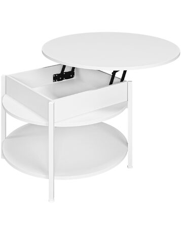 Круглий журнальний столик з підйомною стільницею, журнальний столик з регульованою висотою, бічний столик, стіл для вітальні з прихованим місцем для зберігання, відкритий відсік, металевий каркас, для вітальні, офісу, 70 x 70 x 50 см, білий.