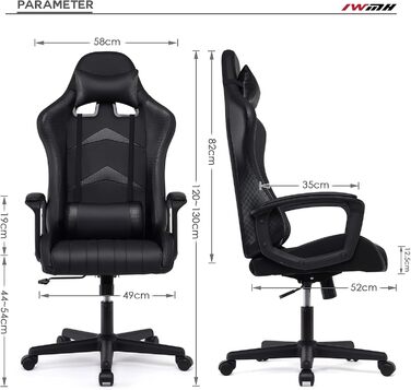 Ігрове крісло IntimaTe WM Heart, ергономічне ігрове крісло, офісне крісло з регульованим підголівником та поперековою опорою, комп&39ютерне крісло з високою спинкою, 52 x 49 x 130 см (чорне) Чорний 52 Г x 49 Ш x 130 В см