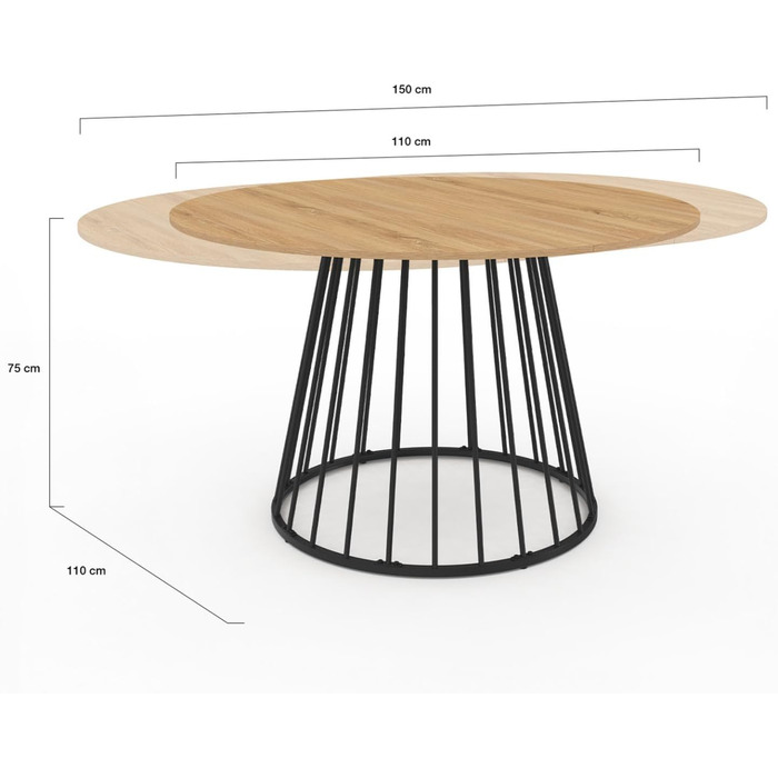 Круглий розкладний обідній стіл для 4-8 осіб, дерев&39яна стільниця та чорні металеві дротяні ніжки, 110-150 см