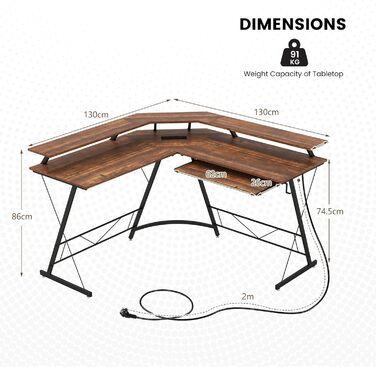 Кутовий стіл LIFEZEAL L-подібної форми, комп&39ютерний стіл з кріпленням для монітора, стіл із зарядною станцією, підставкою для клавіатури та гачком для навушників, кутовий стіл для дому, офісу, спальні (коричневий)