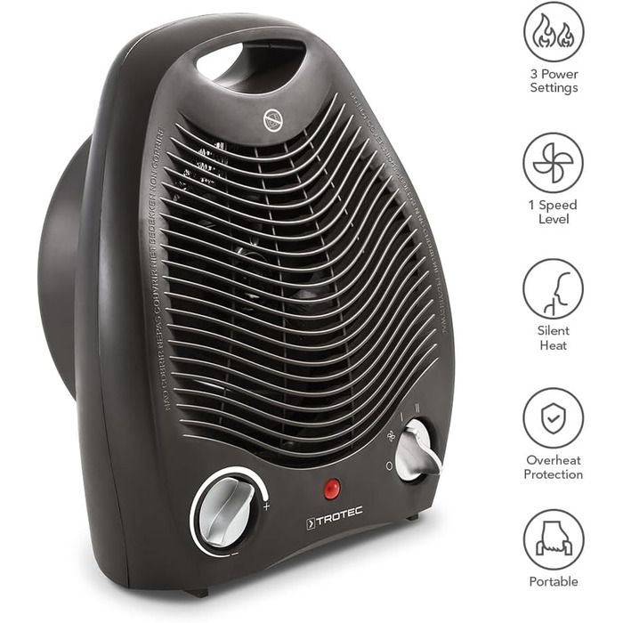 Тепловентилятор TROTEC TFH 20 E 2000 Вт, 2 режими нагріву режим охолодження, безступінчастий термостат, захист від перегріву та перекидання, функція вентилятора, портативний, колір мокко чорний