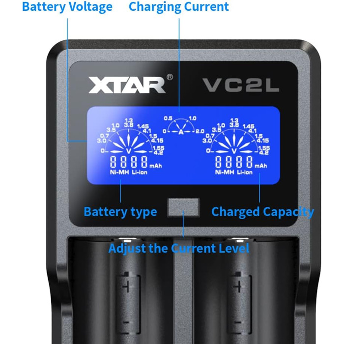 Зарядний пристрій XTAR VC2L USB C Оновлений зарядний пристрій 18650 Швидкий зарядний пристрій 2A 26650 Зарядний пристрій з РК-дисплеєм для батарейок AA AAA CD (VC2L)