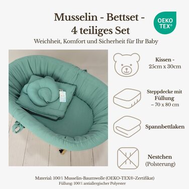 Дитяча колиска з колесами та гальмами кошик Moses з натуральної верби, включаючи матрац та постільну білизну кольору хакі зі 100 бавовни, сертифікована Oeko-Tex безпечна та мобільна модель Amelia