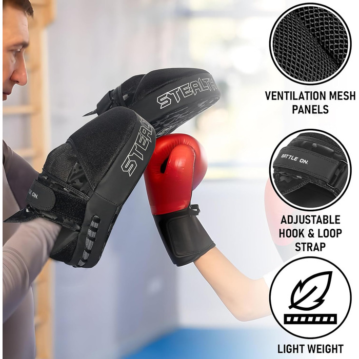 Накладки на руки Stealth Sports, вигнуті боксерські щитки, шкіряні щитки, накладки для фокусування для боксу, ММА, кікбоксингу, муай-тай, карате, бойових мистецтв, тхеквондо, накладки для хука та джебу, чорний камуфляжний візерунок