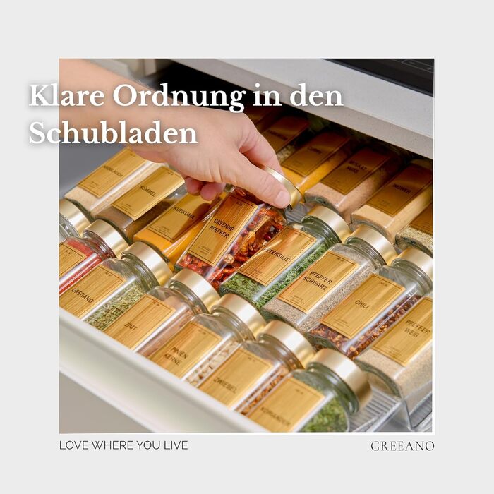 Банки для спецій з полицею 24 x 120 мл, включаючи 300 етикеток для спецій DE - Полиця для спецій з банками - Шухляда для органайзера для спецій - Шухляда для полиці для спецій з банками, система полиць для спецій, золота полиця Золота аура