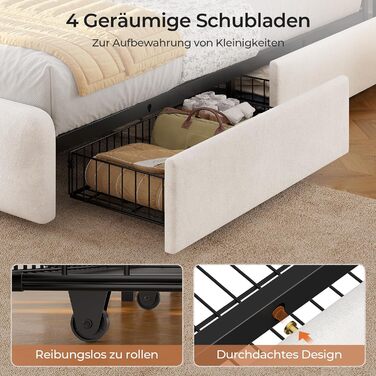 М&39яке ліжко 140x200 см з місцем для зберігання - 4 шухляди, Дитяче ліжко зі світлодіодним освітленням та зарядною станцією, Двоспальне ліжко з оксамитовим узголів&39ям, Ліжко 140x200 з рейковим каркасом - Матрац не входить до комплекту, Бежевий оксамит 