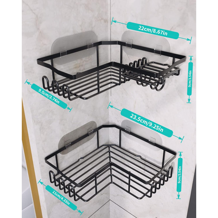 Душова полиця HapiRm, Душова полиця без свердління, Душова полиця кутова чорна з 11 гачками, мильниця і тримач для бритви, Душова
