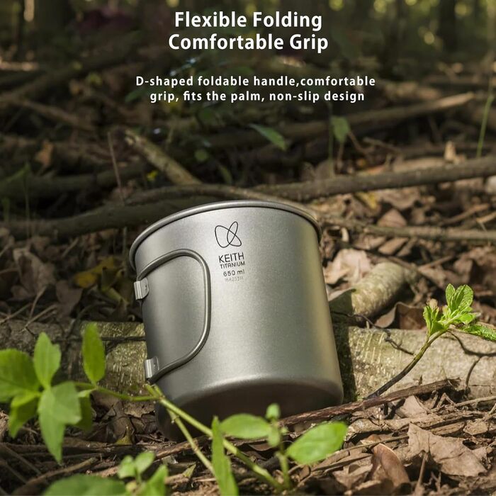 Кухоль Keith Titan Mug, кемпінговий горщик, чашка для кави та чаю на відкритому повітрі з кришкою та складною ручкою 200 мл/300 мл/400 мл/450 мл/500 мл/600 мл/900 мл, легкий посуд для походів, пікніка, напоїв (600 мл Ti3207)
