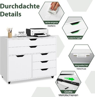 Контейнер на колесах COSTWAY з 5 шухлядами та шафою, мобільна шафа для документів на колесах, шафа з шухлядами та робочою поверхнею, дерев&39яний офісний контейнер на колесах для дому та офісу, білий 77,5 x 40 x 64 см