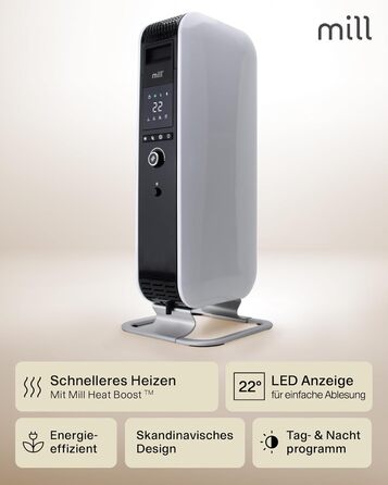 Масляний радіатор Mill, 1500 Вт, електричний обігрівач, до 22 м, безшумний, енергозберігаючий електричний обігрівач, безпечний електричний радіатор з програмою день/ніч, білий електричний радіатор, 18-22 м